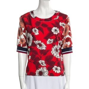 Warm NY Floral Top with Contrast Striped Rib Trim